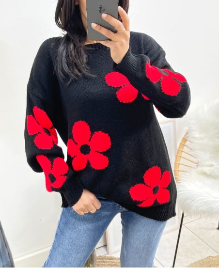 PULLOVER FLOWERS AH903 NOIR/ROUGE