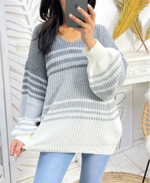 PE144 GESTREIFTER PULLOVER GRAU