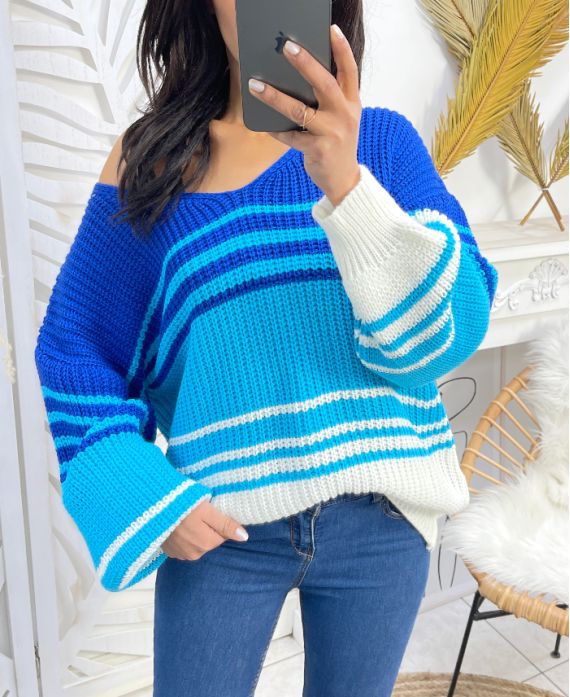 PULLOVER RAYURES PE144 BLEU ROYAL