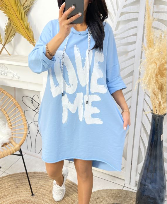 2-POCKET HOODIE DRESS LOVE ME PE135 SKY BLUE