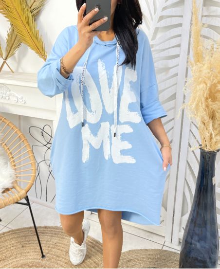 2-POCKET HOODIE DRESS LOVE ME PE135 SKY BLUE