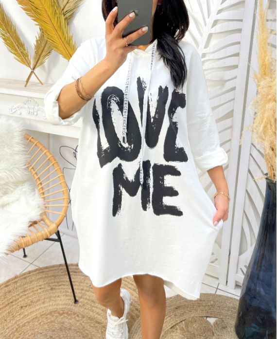 2-POCKET HOODIE DRESS LOVE ME PE135 WHITE