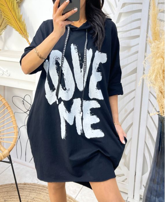 2-POCKET HOODIE DRESS LOVE ME PE135 BLACK