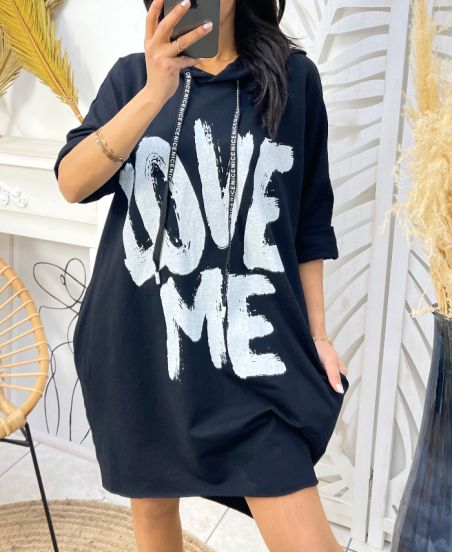 2-POCKET HOODIE DRESS LOVE ME PE135 BLACK