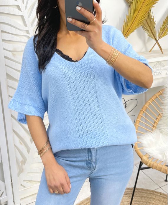 SHORT SLEEVE SWEATER PE956 SKY BLUE