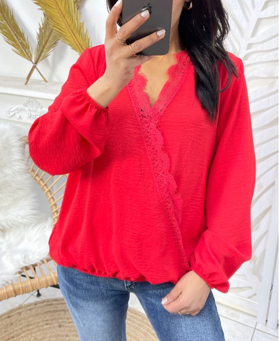 BLUSA DRAPEADA DE ENCAJE PE77 ROJO