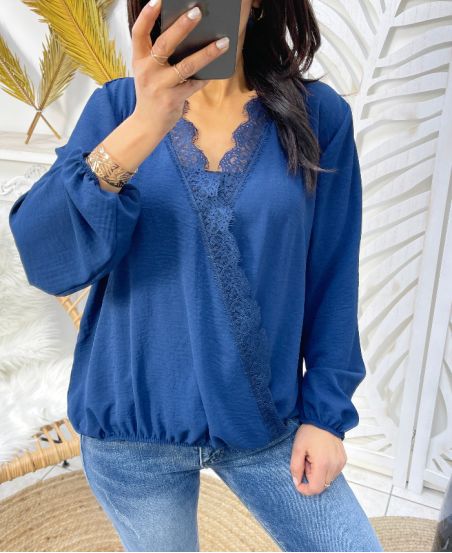 GEDRAPEERDE BLOUSE KANT PE77 NAVY BLAUW