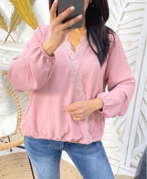 DRAPIERTE SPITZENBLUSE SS77 PINK