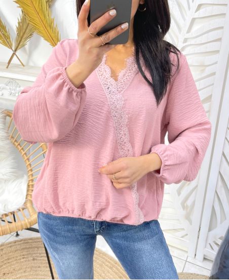 BLOUSE DRAPEE DENTELLE PE77 ROSE