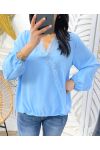 BLOUSE DRAPEE DENTELLE PE77 BLEU CIEL