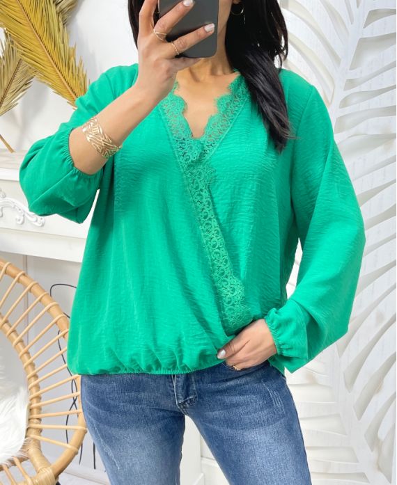 BLOUSE DRAPEE DENTELLE PE77 VERT 