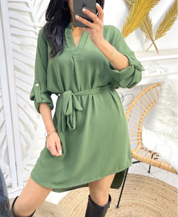 TUNIC DRESS WITH TIE SS70 MILITARY GREEN