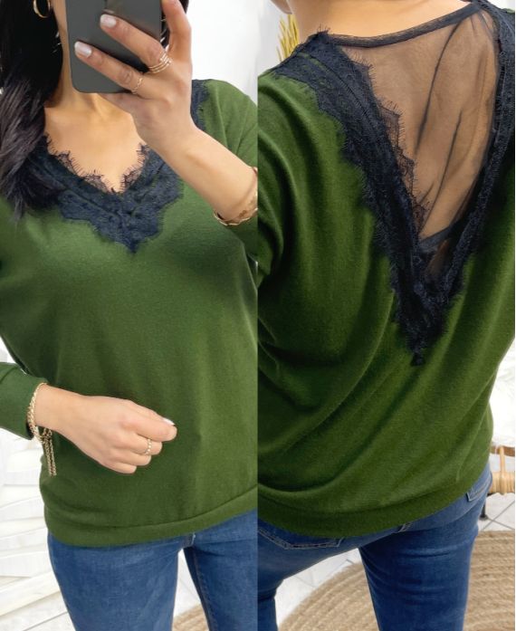 PULLOVER FIN DENTELLE PE18 VERT MILITAIRE