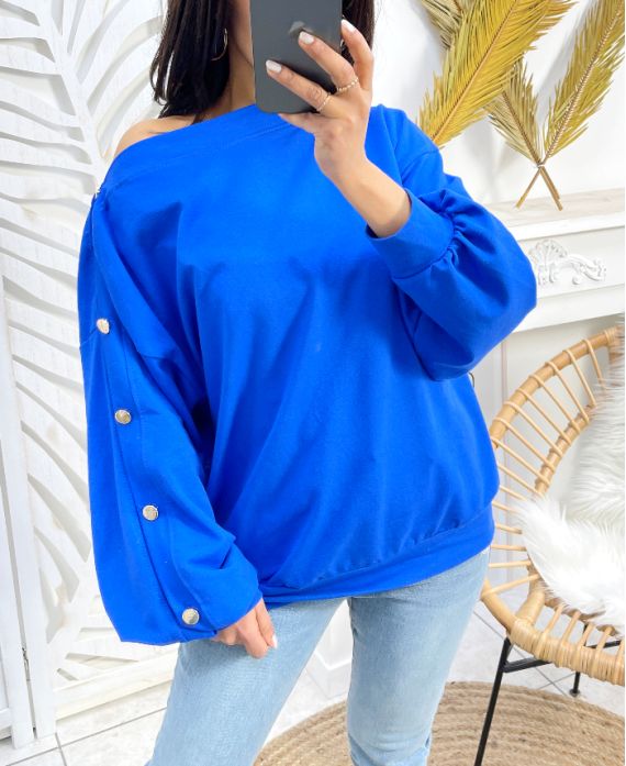 SWEAT-SHIRT COTON A BOUTONS GOLD PE13 BLEU ROYAL