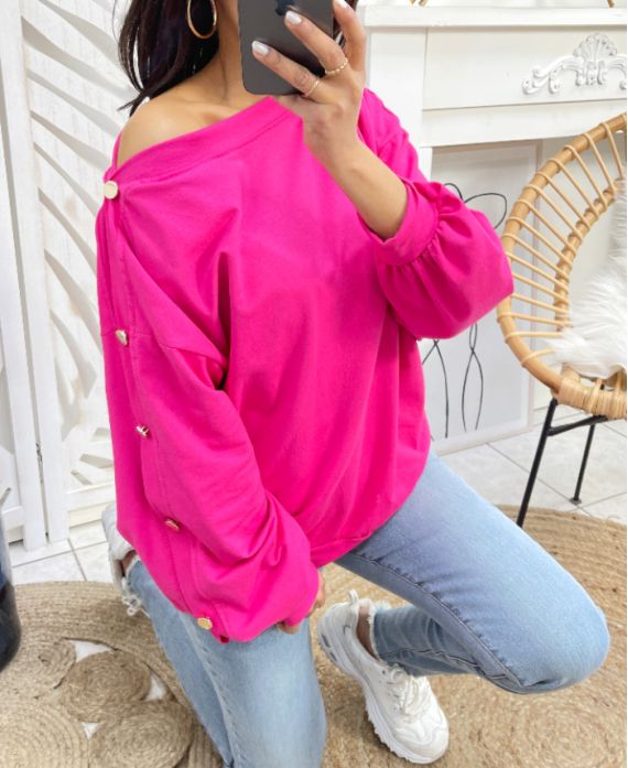 KATOENEN SWEATSHIRT MET GOUDEN PE13 FUCHSIA KNOPEN