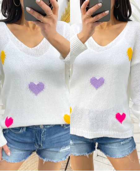 JERSEY DE PUNTO CORAZONES DE COLORES PE451 BLANCO