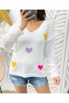 PULL TRICOT COEURS COLORES PE451 BLANC