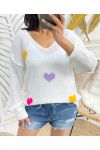 PULL TRICOT COEURS COLORES PE451 BLANC