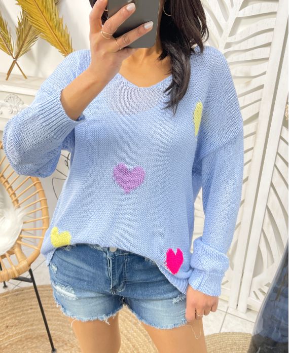 PULL TRICOT COEURS COLORES PE451 BLEU CIEL