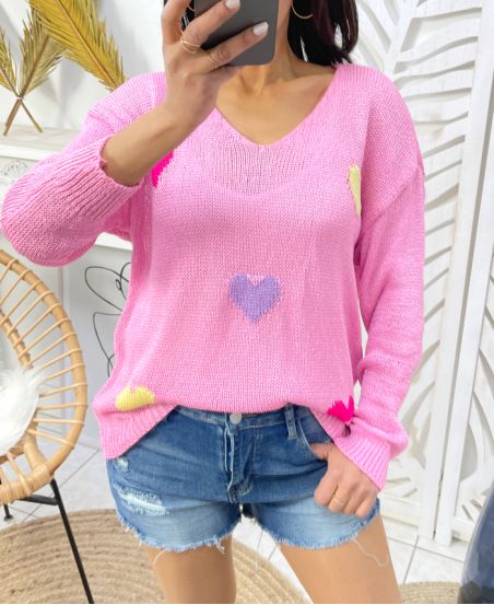 PULL TRICOT COEURS COLORES PE451 ROSE