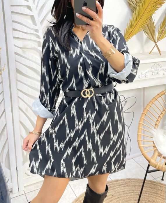 PRINTED TUNIC DRESS PE477 BLACK