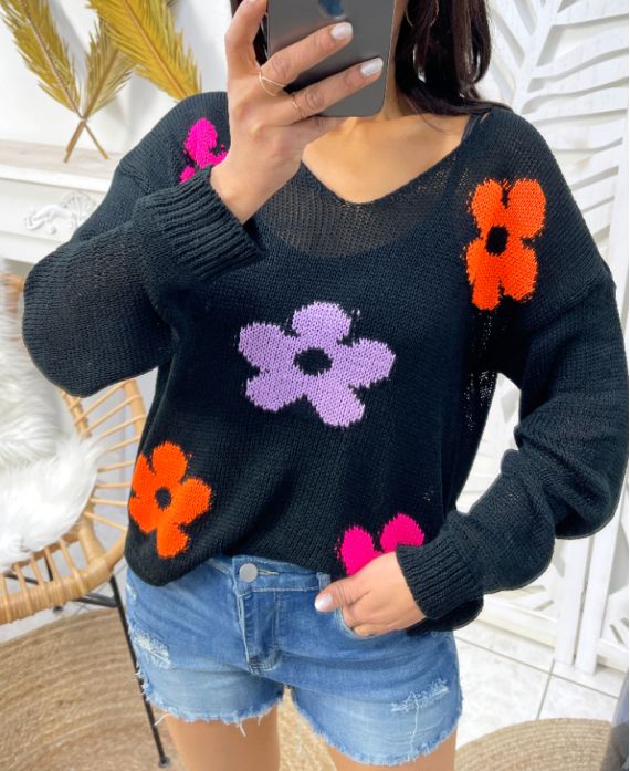 COLORFUL FLOWERS KNIT SWEATER SS460 BLACK