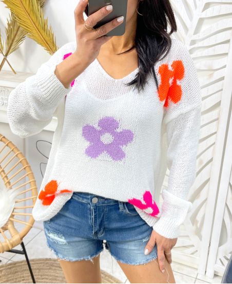 PULL TRICOT FLEURS COLORES PE460 BLANC