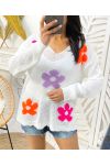 PULL TRICOT FLEURS COLORES PE460 BLANC