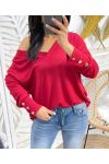 PULL COL V MANCHES BOUTONS PE379 BORDEAUX