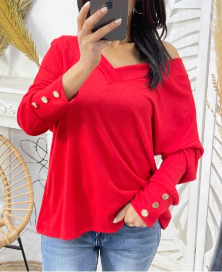 PULL COL V MANCHES BOUTONS PE379 ROUGE