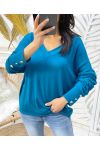 PULL COL V MANCHES BOUTONS PE379 BLEU PETROLE