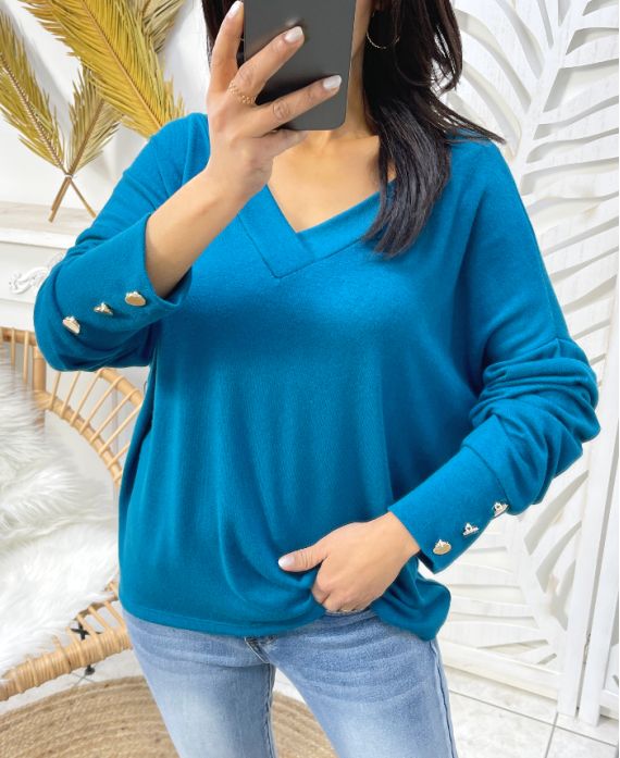 SWETER Z DEKOLTEM W SEREK I GUZIKAMI PE379 PETROL BLUE