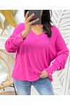 JERSEY CON CUELLO EN V Y MANGAS ABOTONADAS PE379 FUSHIA