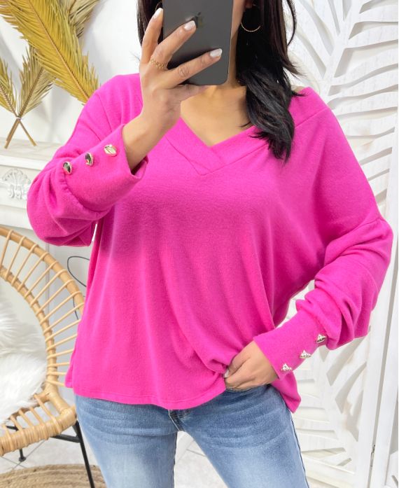 PULL COL V MANCHES BOUTONS PE379 FUSHIA