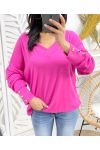 V-NECK SWEATER WITH BUTTON SLEEVES PE379 FUSHIA