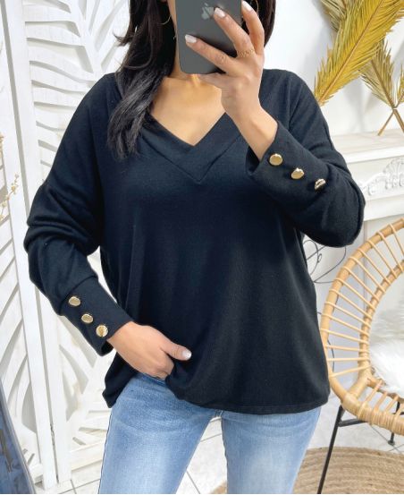 PULL COL V MANCHES BOUTONS PE379 NOIR