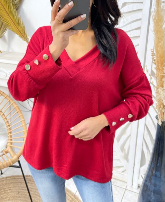 SOFT V-NECK SWEATER WITH BUTTONS PE379 BURGUNDY