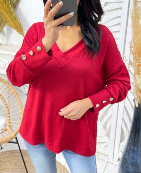 SOFT V-NECK SWEATER WITH BUTTONS PE379 BURGUNDY