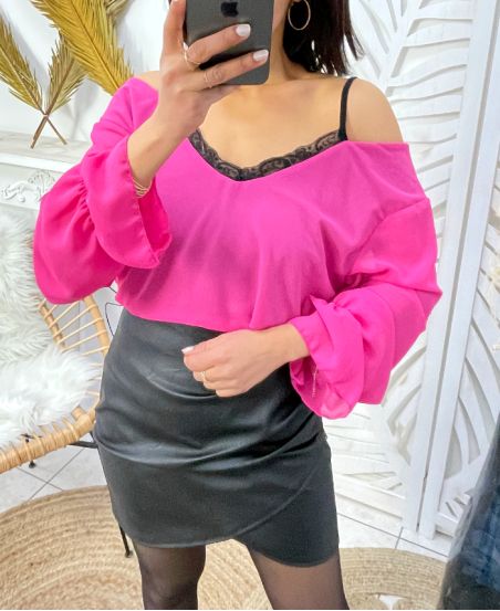 2-IN-1 TOP MIT SPITZENEFFEKT PE155 FUSHIA