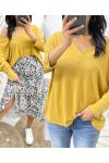 PULL DOUX COL V BOUTONS PE379 MOUTARDE