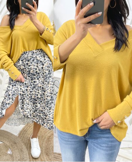 SOFT V-NECK SWEATER BUTTONS PE379 MUSTARD