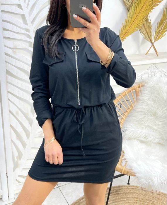 2-POCKET ZIPPED DRESS PE488 BLACK