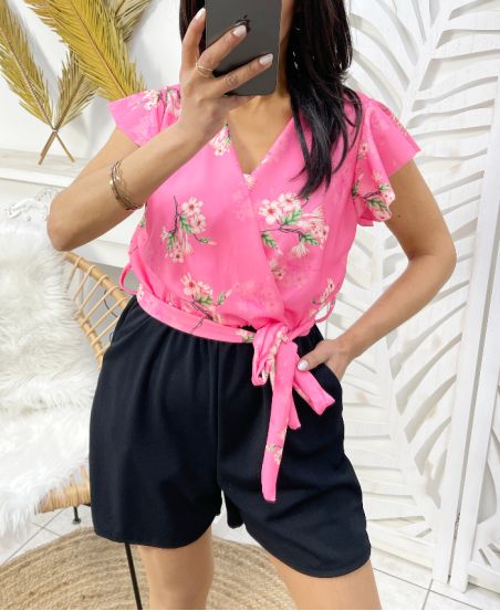 COMBINAISON SHORT FLEURIE PE1051 ROSE