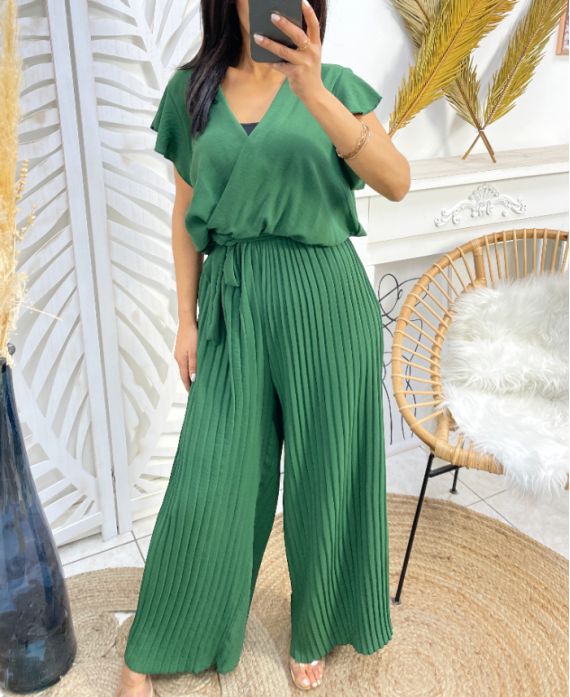 PANTALONES PLISADOS COMBINADOS PE1022 VERDE ESMERALDA