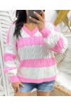 PULLOVER COL V TORSADE BI-COLORE PE924 ROSE BONBON