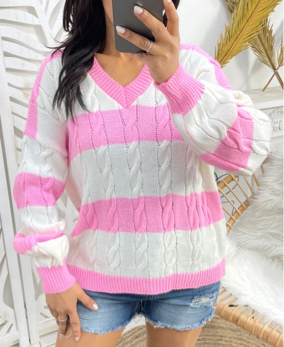 PULLOVER COL V TORSADE BI-COLORE PE924 ROSE BONBON