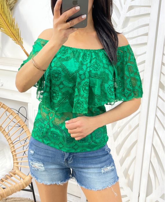 TOP IN PIZZO SPALLE DENUDEES VERDE SMERALDO 1770