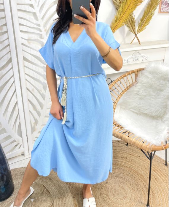 ROBE LONGUE FENTES PE994 BLEU CIEL