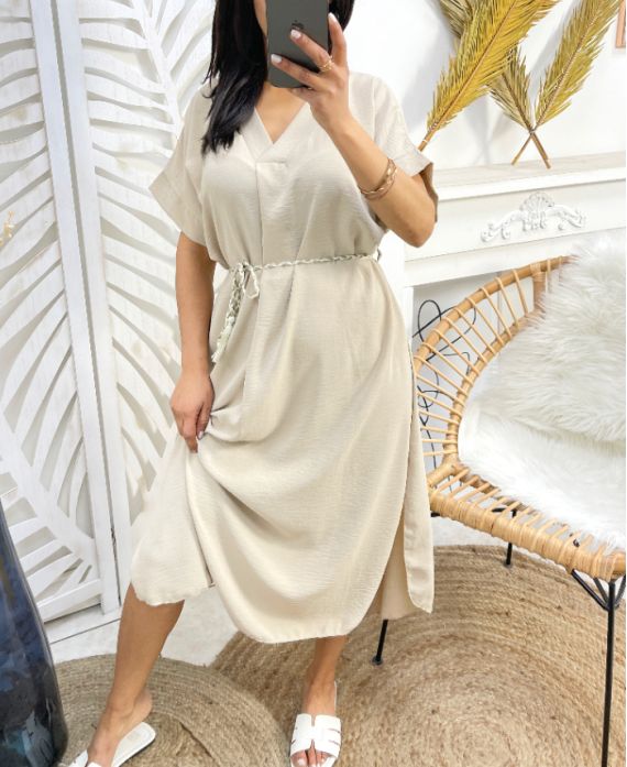 SE994 LANGES KLEID MIT SCHLITZEN BEIGE