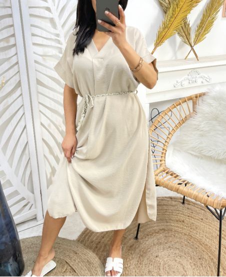 SE994 LANGES KLEID MIT SCHLITZEN BEIGE